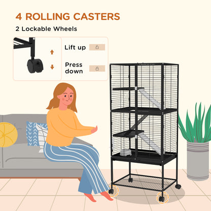 Rolling Small Animal Cage 53.5"H Chinchilla Cage for Ferrets, Squirrels w/ Removable Tray, Storage Shelf, Black