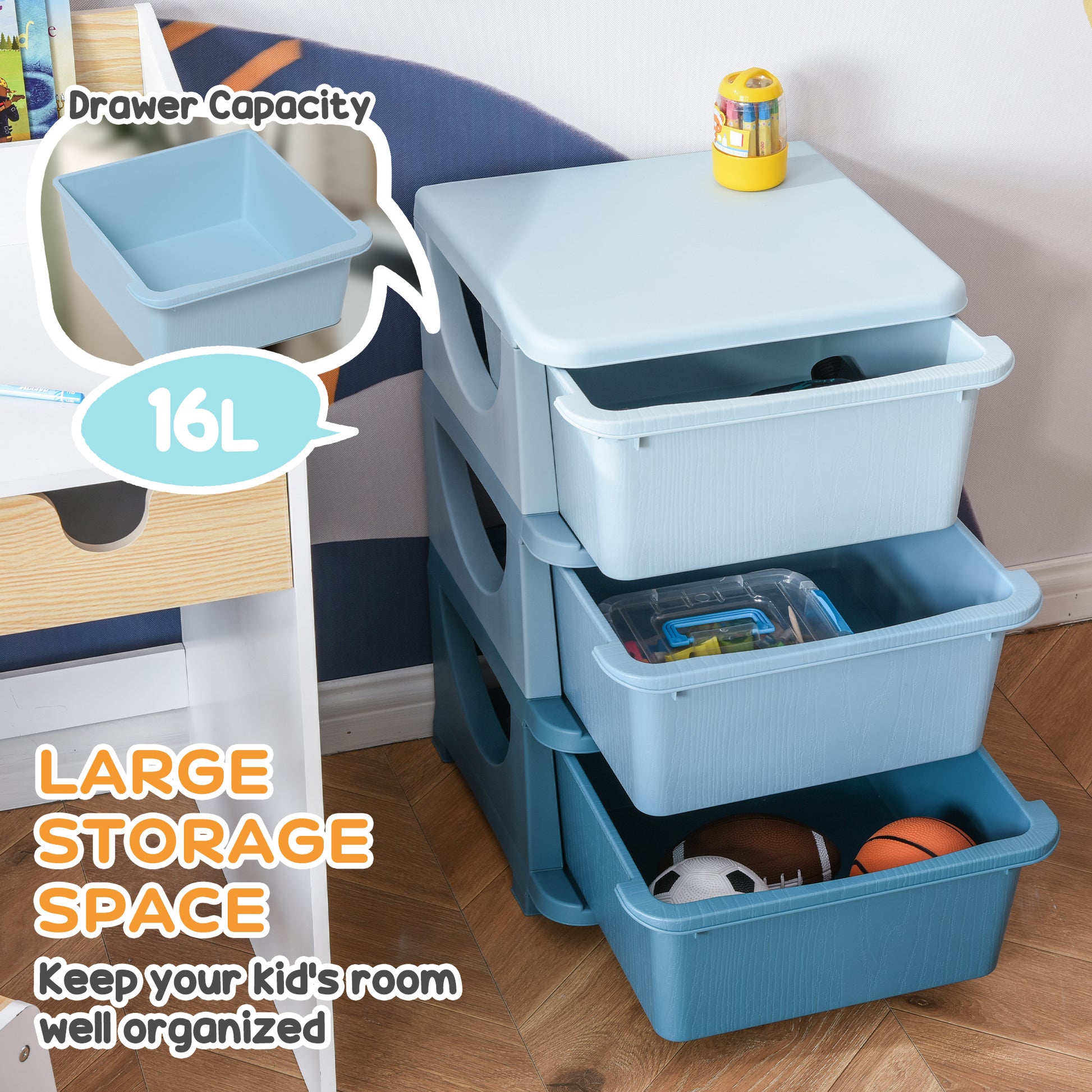 Qaba 3 Tier Kids Toy Organizer and Storage Bins with 3 Plastic Drawers, Blue