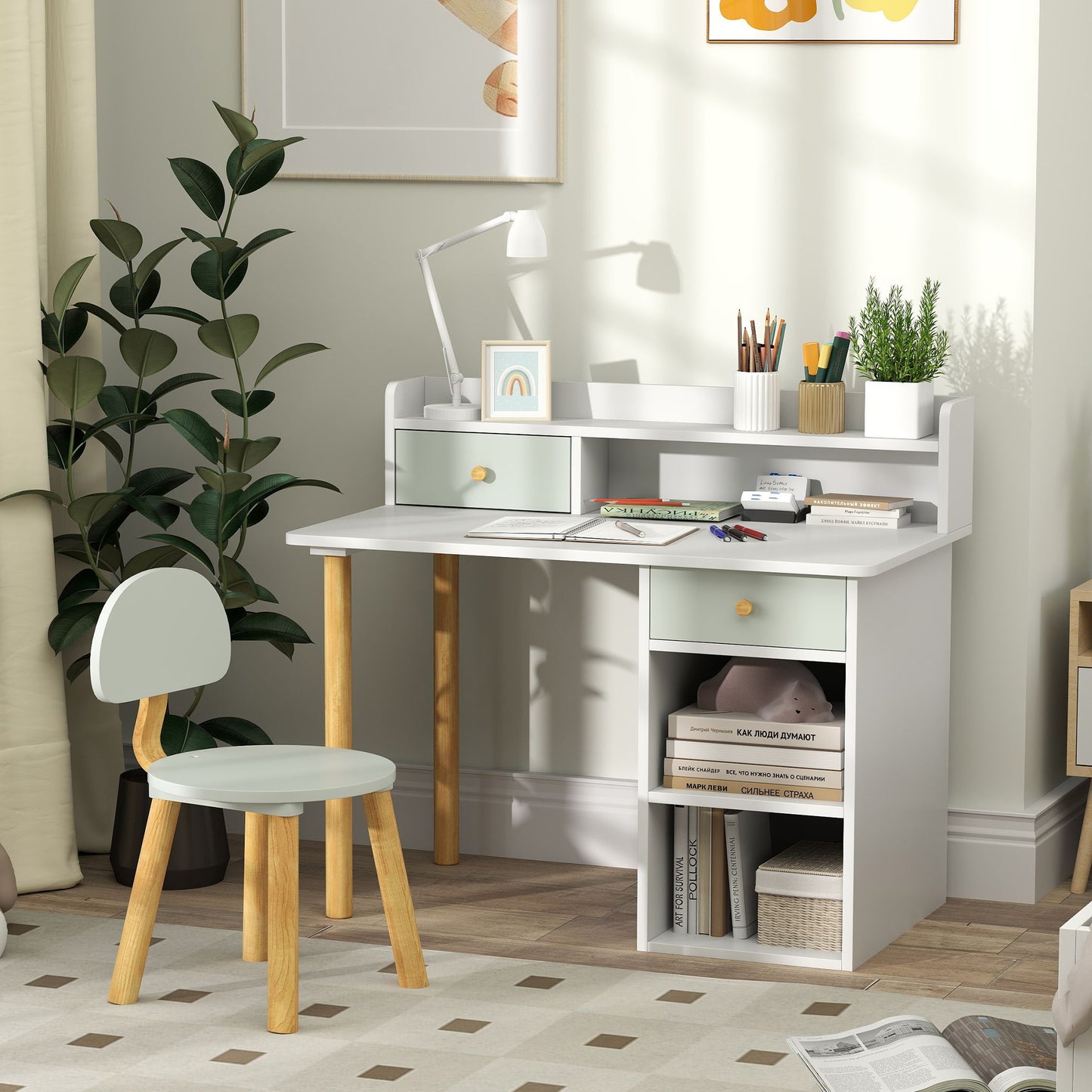Qaba Kids Study Table and Chair Set, Kids Desk and Chair Set w/ Storage and Shelves, for 3-8 Year Old, Green