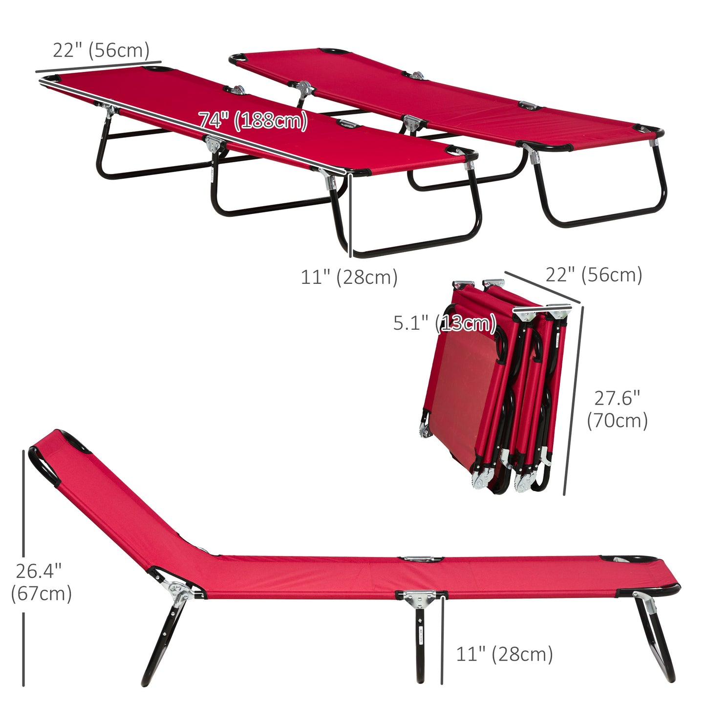 Set of 2 Folding Outdoor Lounge Chair, Sun Tanning Chairs with Reclining Back, Breathable Mesh for Beach Patio, Red