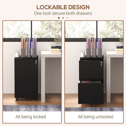 Vertical Steel Filing Cabinet on Wheels, 2-Drawer Lockable File Cabinet with Adjustable Hanging Bar for A4, Legal and Letter Size, Black