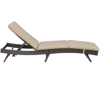 Wicker Patio Lounger, Outdoor Recliners Lounge Chair w/ 5-Level Adjustable Backrest, Cushion for Outdoor, Khaki