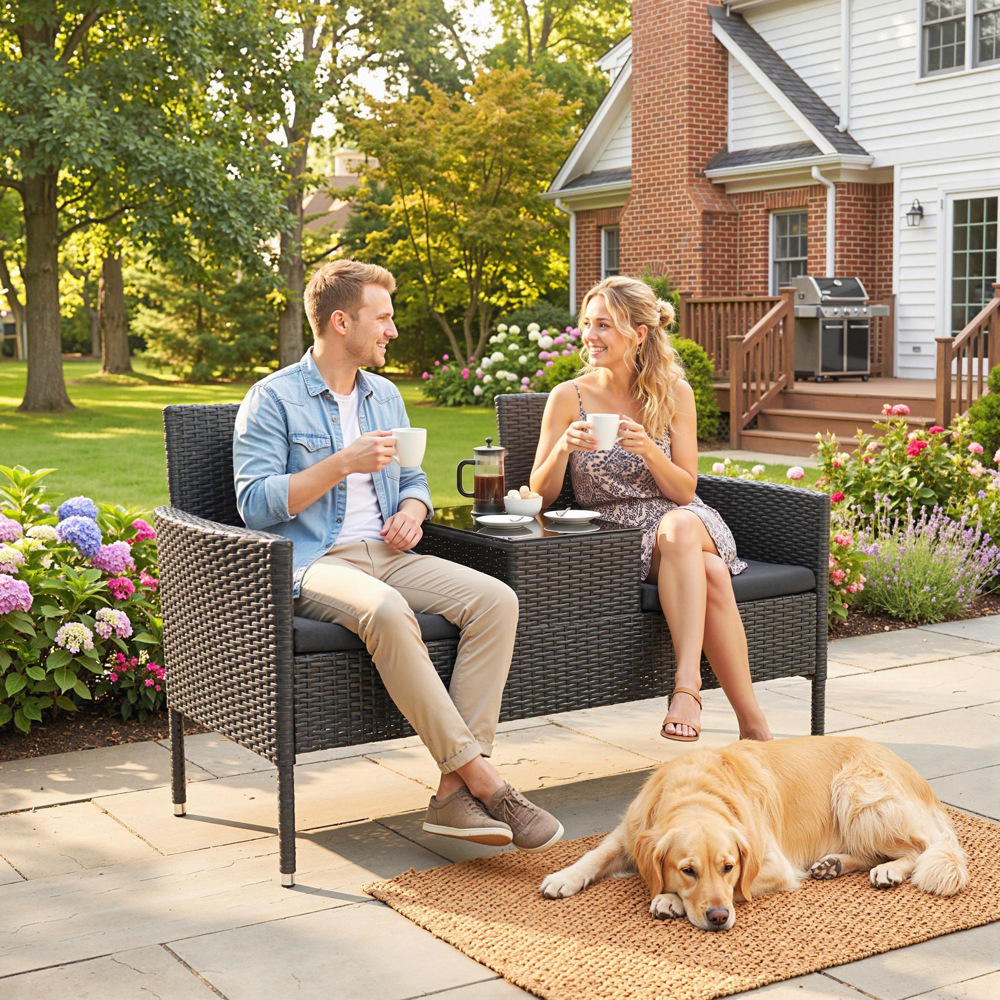 Patio Furniture w/ Mid-Table PE Rattan Loveseat w/ Cushion, Black