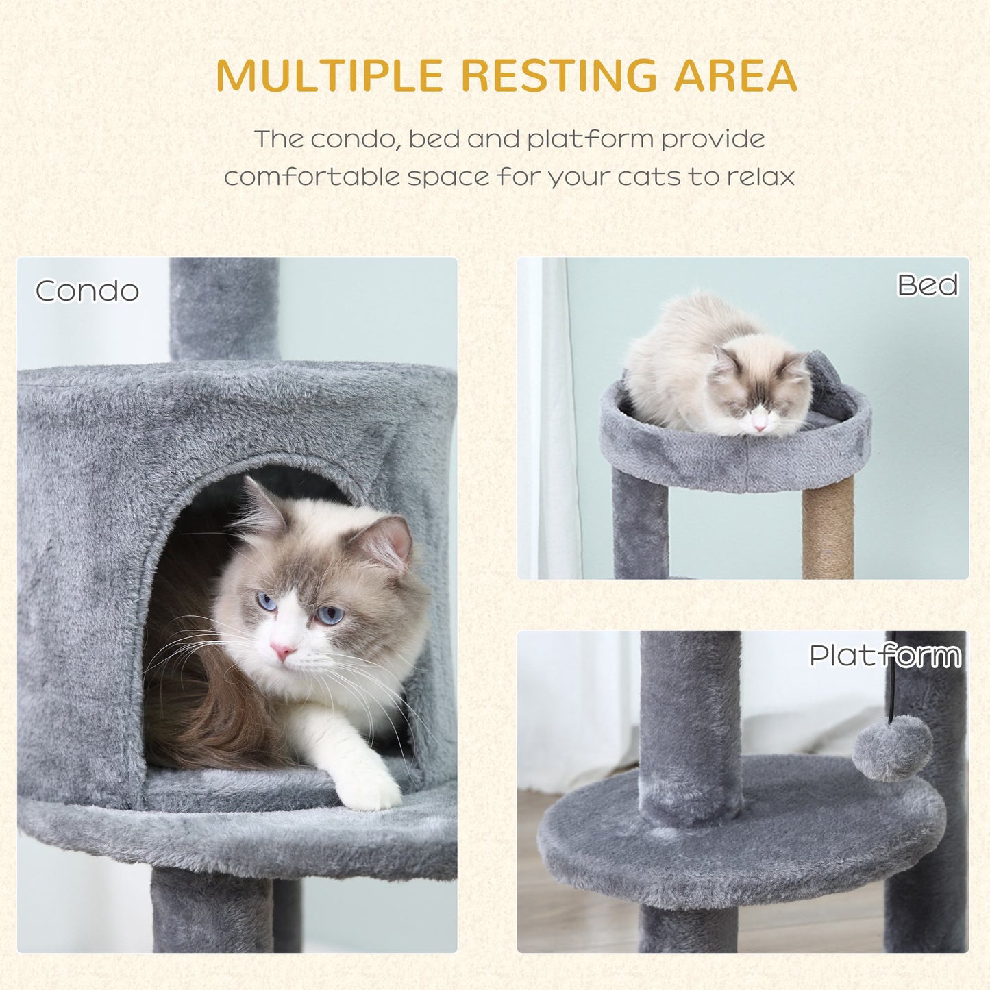 41" Cat Tree Tower with Condo, Scratching Posts and Hanging Ball, Grey