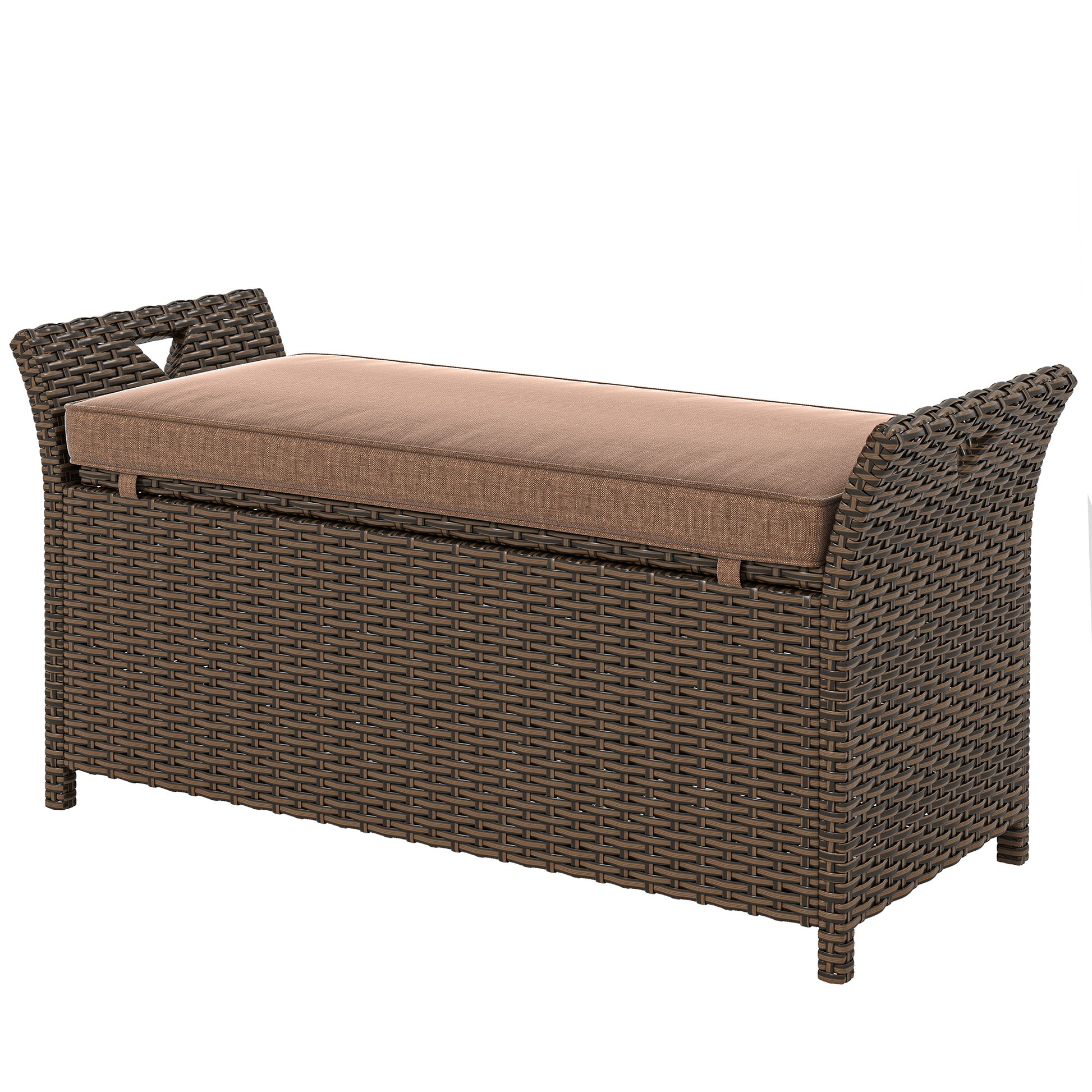 2-In-1 Outdoor Storage Bench, 29 Gallon Wicker Deck Box with Handles and Cushion, Tan