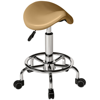 Saddle Stool, PU Leather Adjustable Rolling Salon Chair, Light Brown