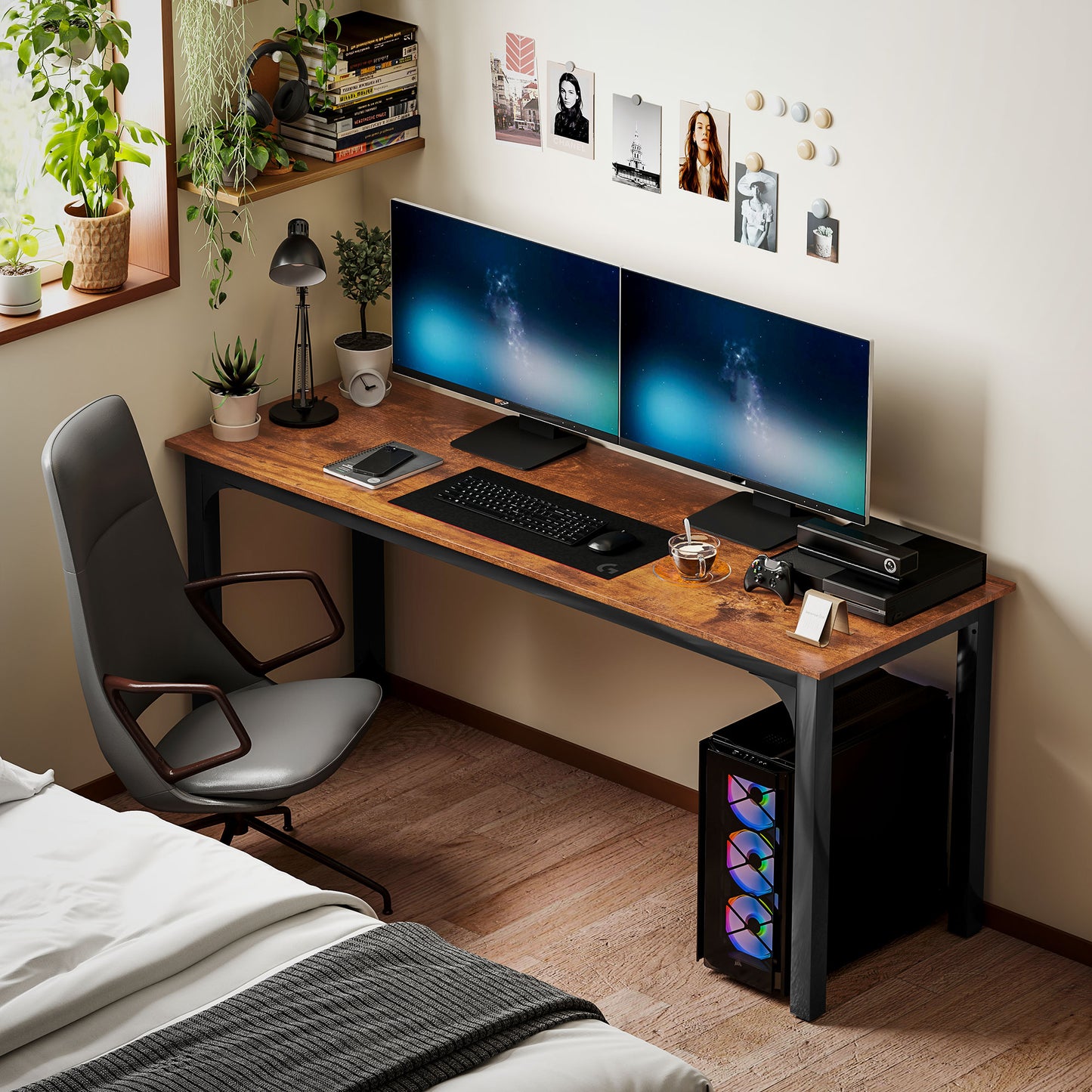 71" Computer Desk, Desktop Desk with Metal Legs, Rustic Brown