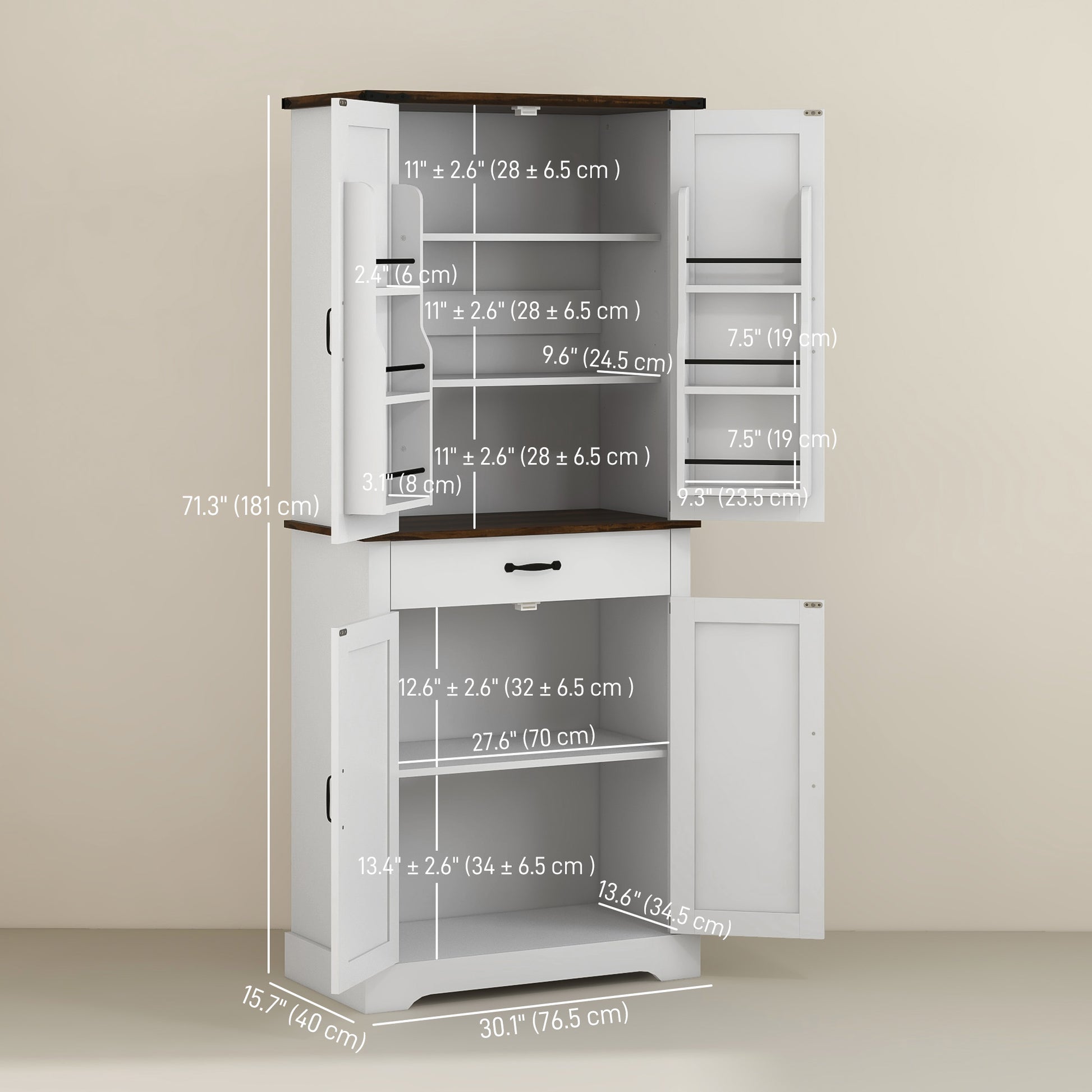 71" Tall Kitchen Cabinet, Farmhouse Pantry Cabinet with Barn Doors, Drawer and Adjustable Shelves, White