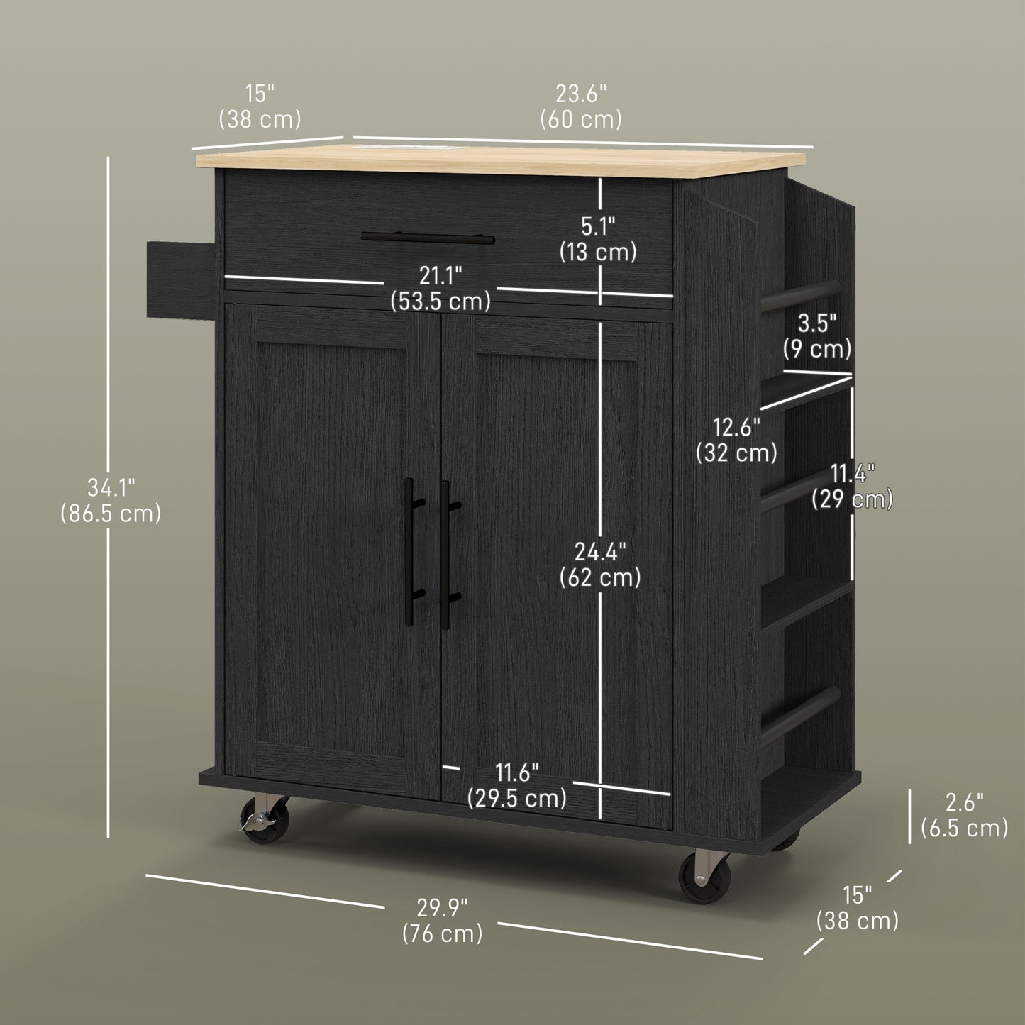 Rolling Island with Wheels for Kitchen, Kitchen Island on Rollers with Power Outlets, Drawer and Doors