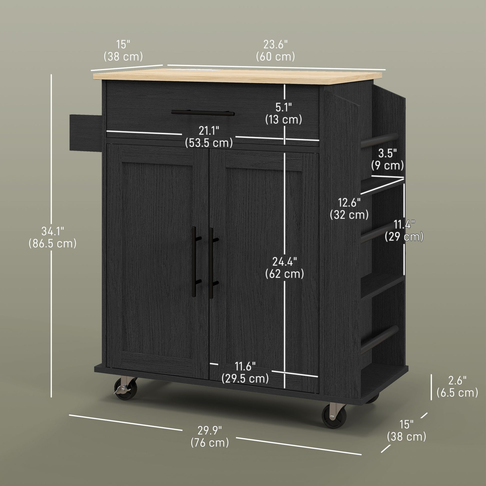 Rolling Island with Wheels for Kitchen, Kitchen Island on Rollers with Power Outlets, Drawer and Doors