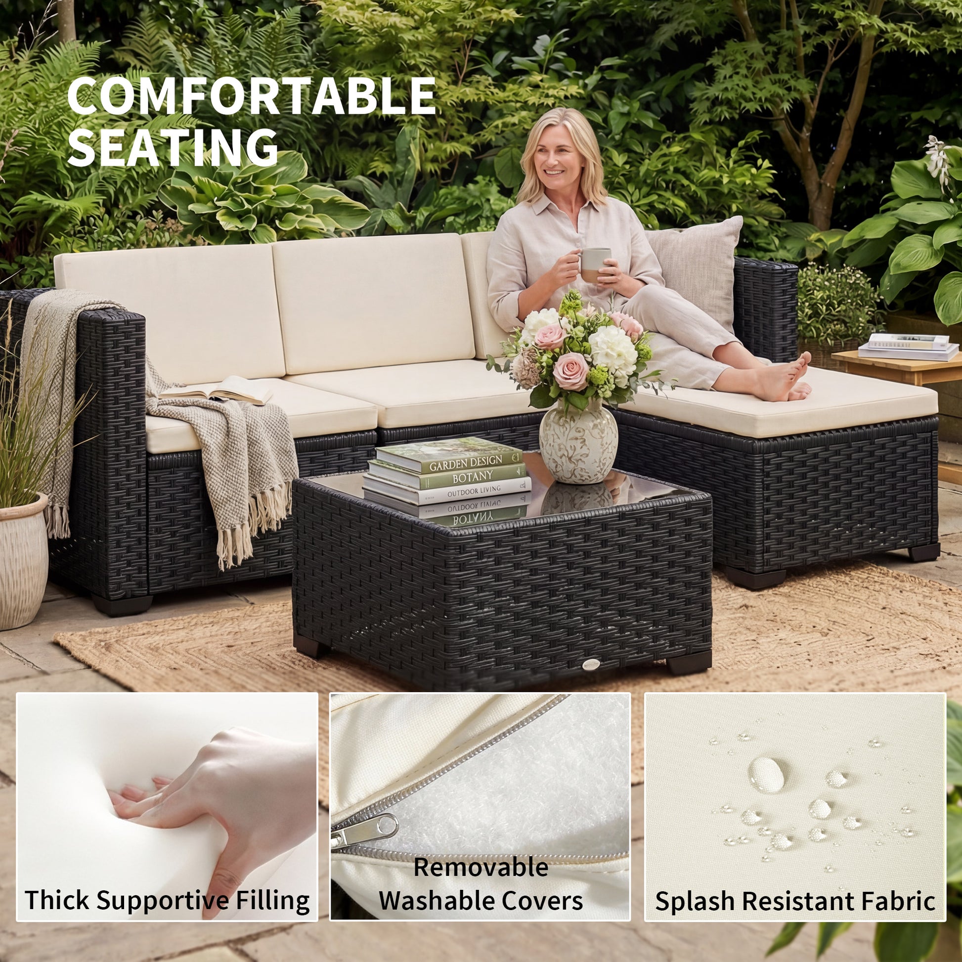 5 Piece Patio Furniture Set, L-Shape Wicker Outdoor Sectional with 3 Chairs, Ottoman, Glass Table, Cushions, Cream
