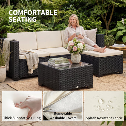 5 Piece Patio Furniture Set, L-Shape Wicker Outdoor Sectional with 3 Chairs, Ottoman, Glass Table, Cushions, Cream