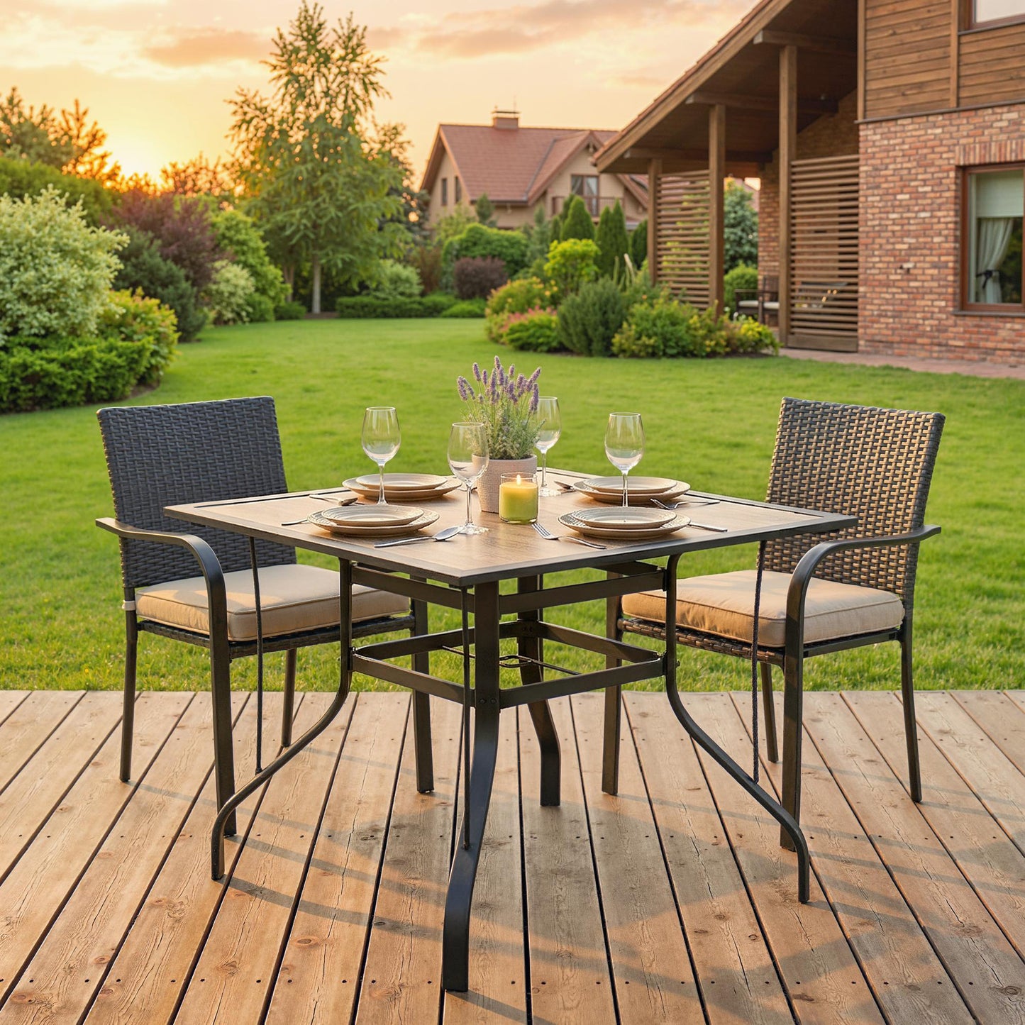 36" x 36" x 28" Square Patio Dining Table with Umbrella Hole, Easy to Clean Top & Rustproof Steel Frame, for Garden Pool