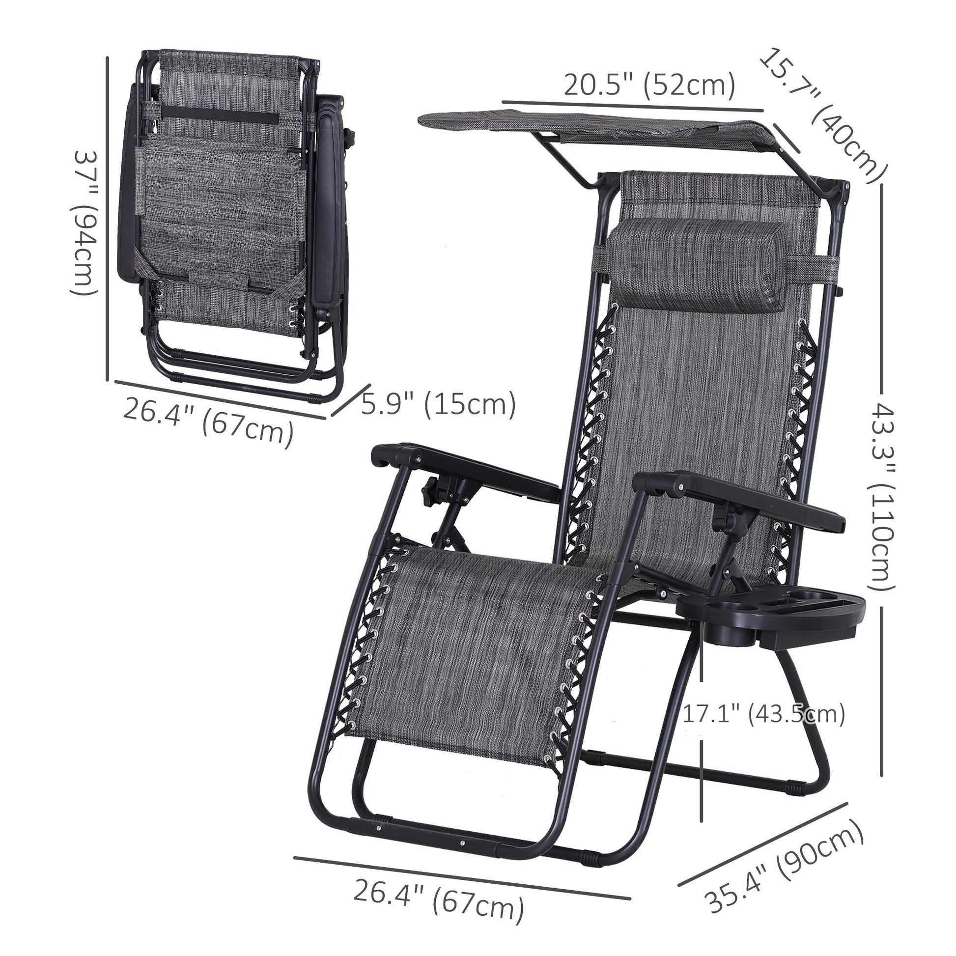 Outdoor Zero Gravity Reclining Lounger Chair with Canopy Shade, Side Tray, Cupholder, Dark Grey