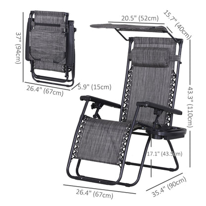 Outdoor Zero Gravity Reclining Lounger Chair with Canopy Shade, Side Tray, Cupholder, Dark Grey