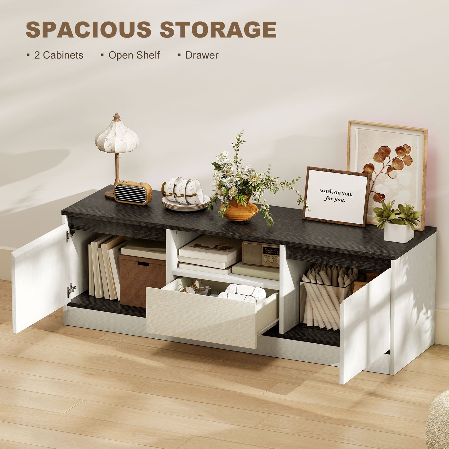TV Stand for 43-55 Inch TV, Entertainment Center w/ Cabinets, Shelf, Drawer and Cable Management for Living Room, White