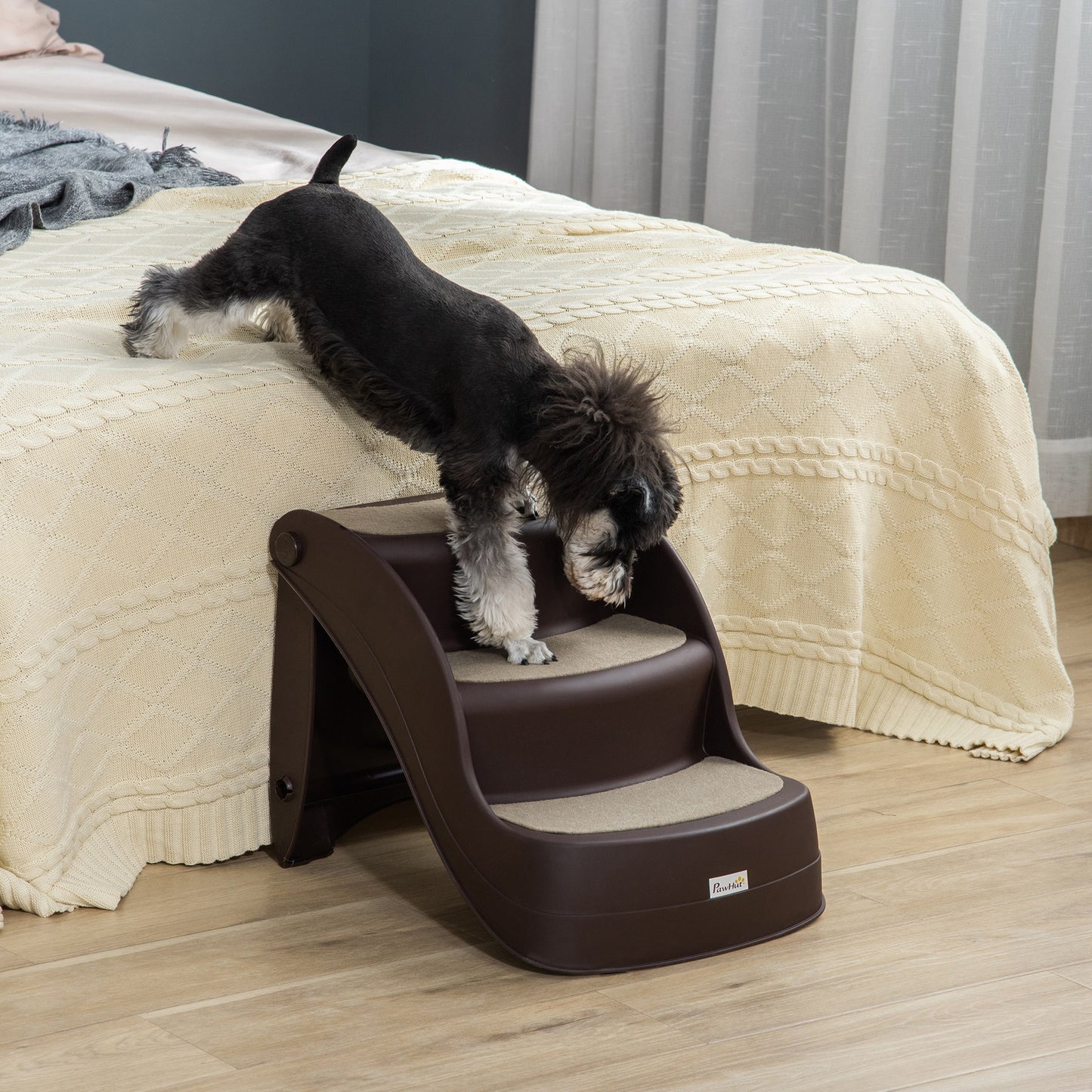 Dog Stairs for Small Dogs 15"H, 3-Step Foldable Pet Step with Non-Slip Treads, for Injured, Old, Puppy, Cats, for High Bed, Sofa, Couch, Chair, Lightweight, Brown