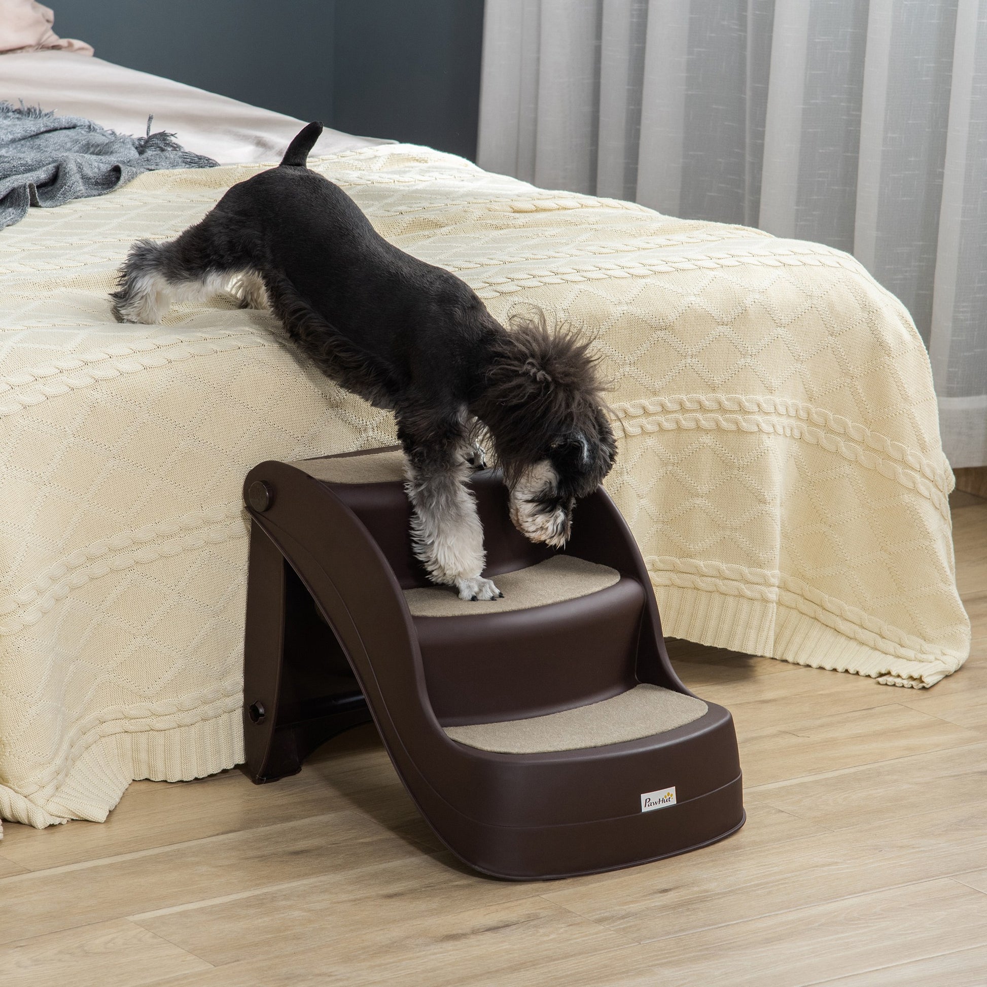 Dog Stairs for Small Dogs 15"H, 3-Step Foldable Pet Step with Non-Slip Treads, for Injured, Old, Puppy, Cats, for High Bed, Sofa, Couch, Chair, Lightweight, Brown