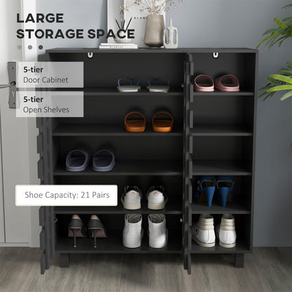 Shoe Cabinet, 21 Pair Shoe Storage Cabinet Organizer with 5-tier Double Door Cupboard and 5-tier Open Shelves, Black
