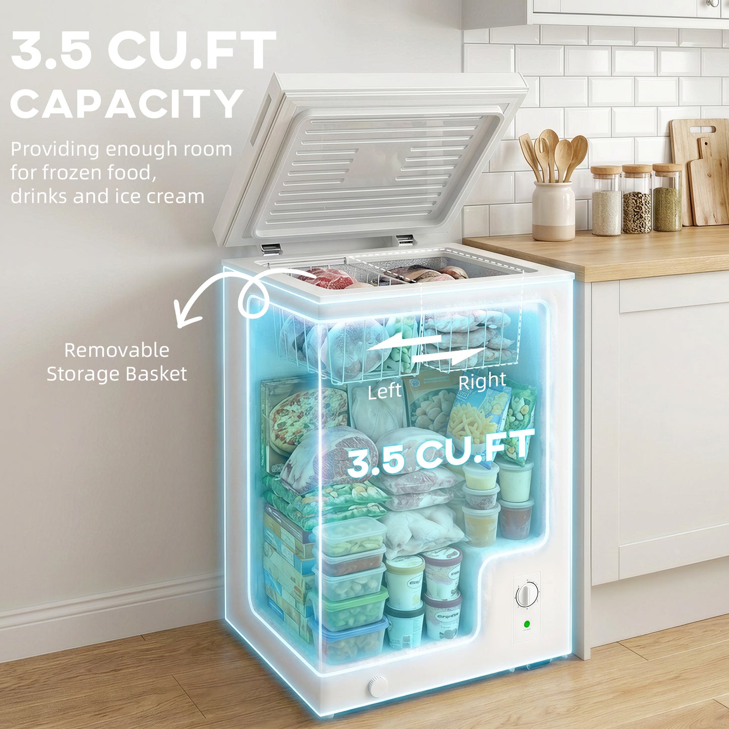 Mini Freezer, 3.5 Cu.Ft Chest Freezer with 5-Setting Adjustable Thermostat, Wire Basket, Quiet Operation, White