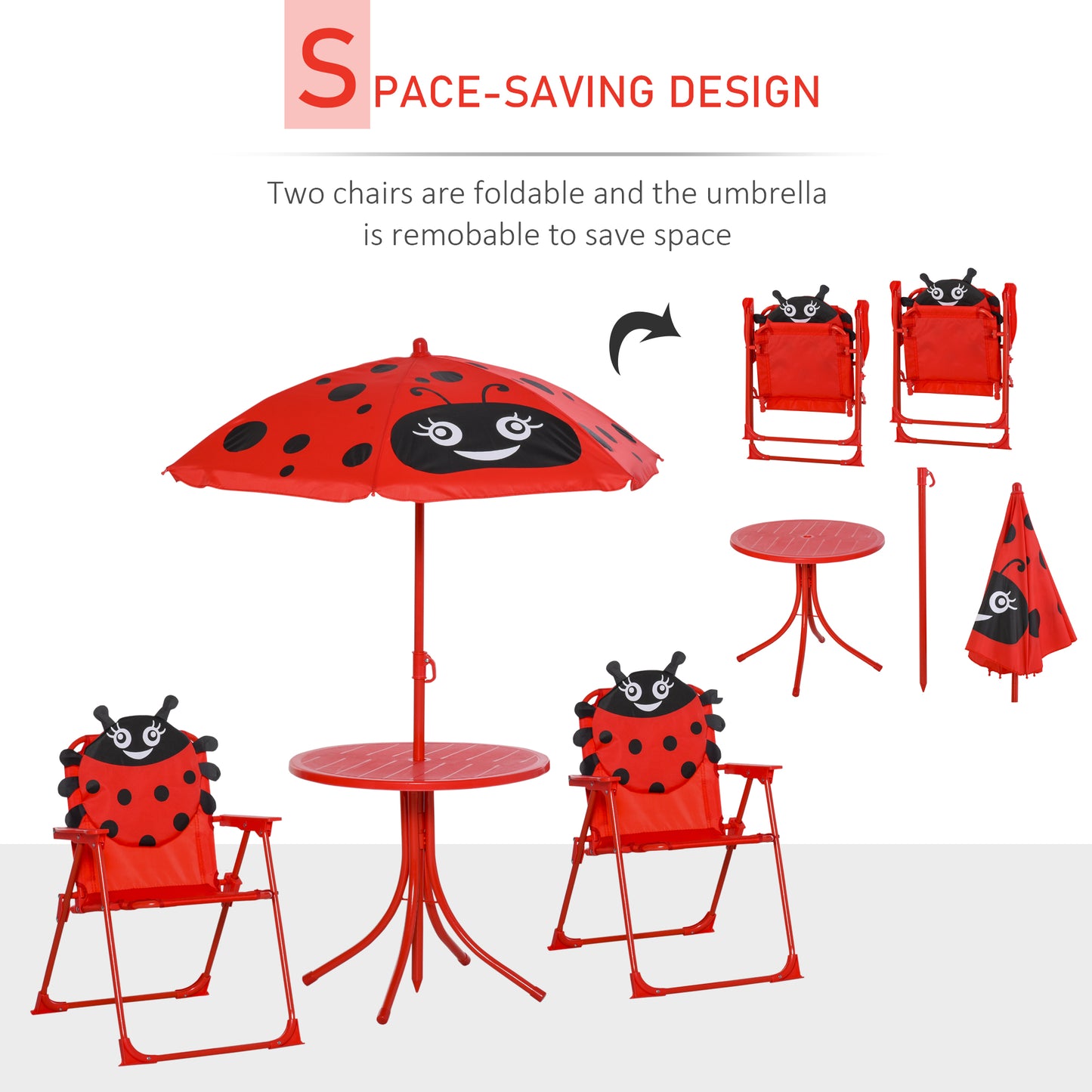 Children Table and Chair Set Outdoor, Kids Folding Picnic Table and Chair Set with Removable & Height Adjustable Sun Umbrella for Garden Backyard, Ladybug Pattern, Red