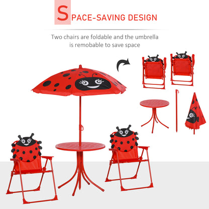 Children Table and Chair Set Outdoor, Kids Folding Picnic Table and Chair Set with Removable & Height Adjustable Sun Umbrella for Garden Backyard, Ladybug Pattern, Red
