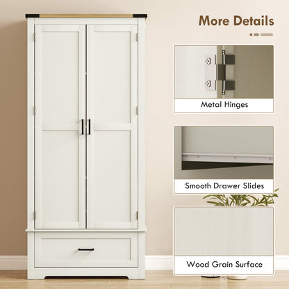 69" Tall Farmhouse Kitchen Pantry Cabinet with 2 Doors, Drawer and Adjustable Shelves, Cream White