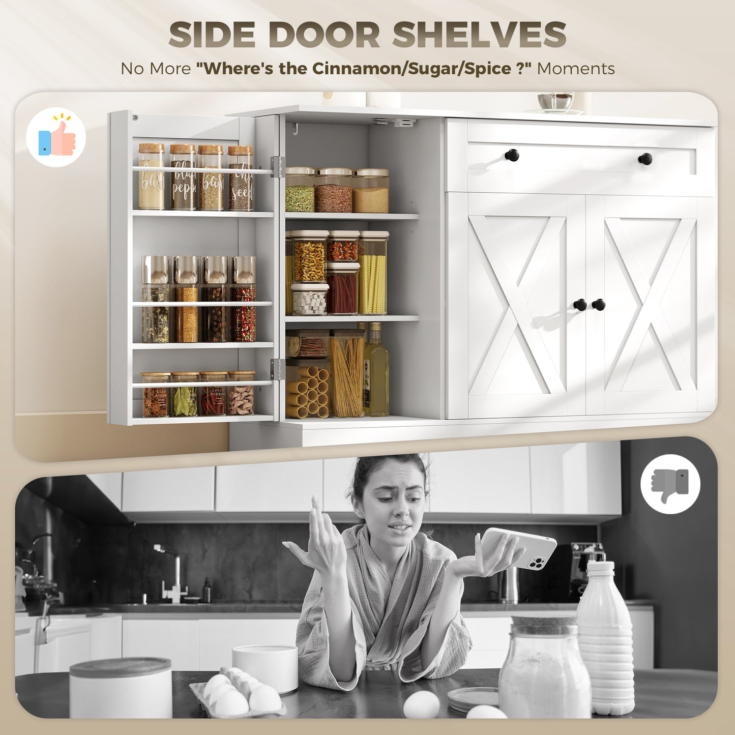 Sideboard Buffet Cabinet, Farmhouse Coffee Bar Cabinet with Door Shelves, Adjustable Shelves, Drawer, Barn Doors, White