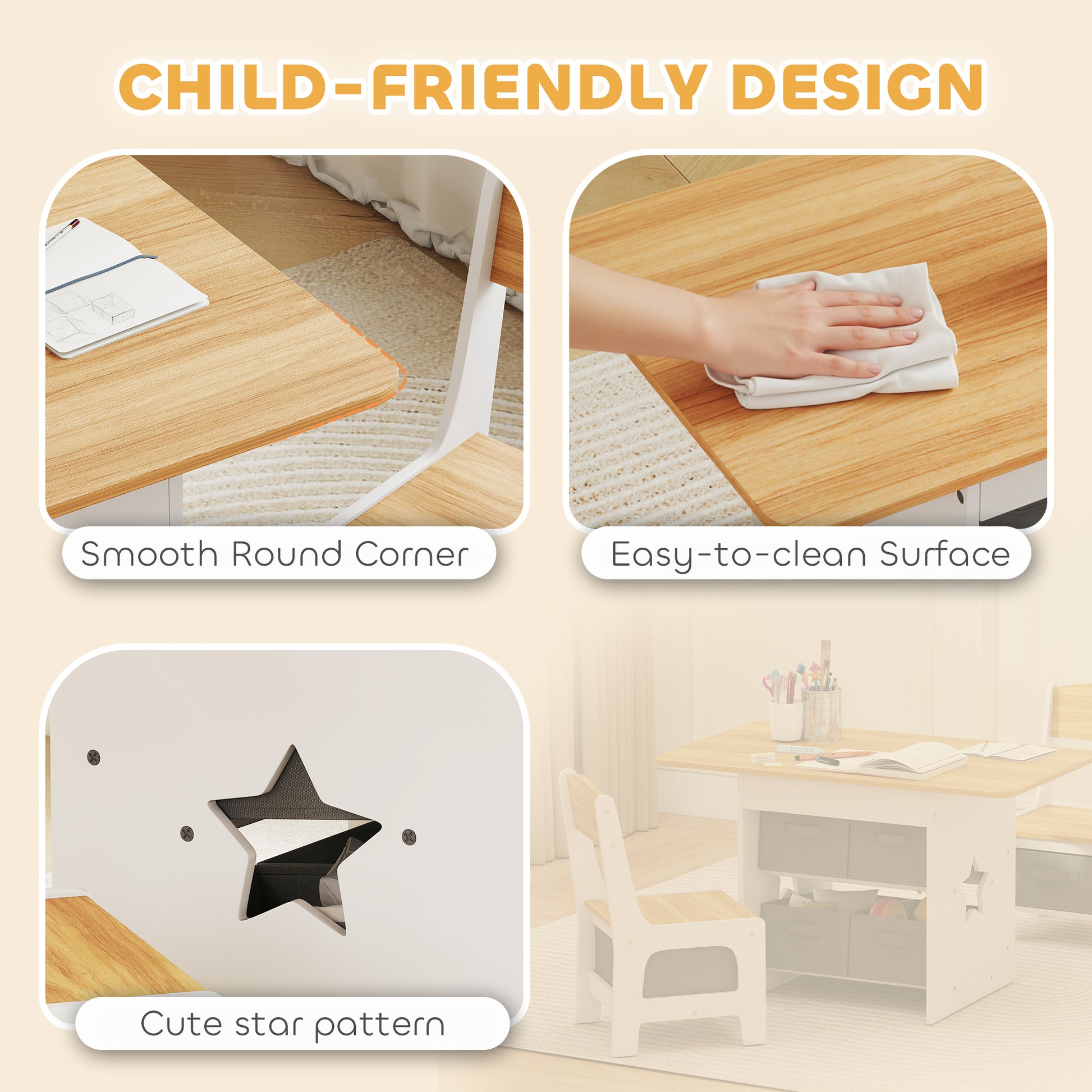 Qaba 3 Piece Kids Table and Chair Set with 6 Removable Drawers, for Classroom, Living Room, Bedroom, Nursery, Natural