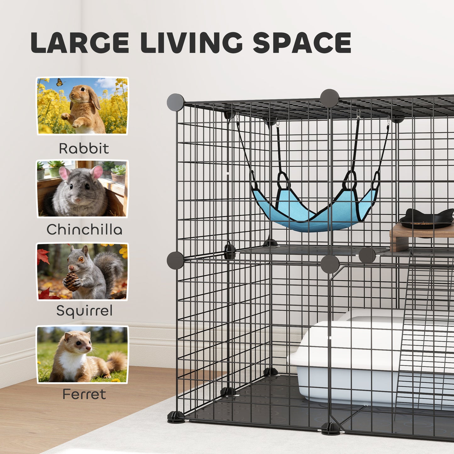 2 Tier Cat Cage Crate, DIY Pet Playpen with 2 Doors, Ladder, Hammock, Perch, Indoor Playpen for Kittens, Black