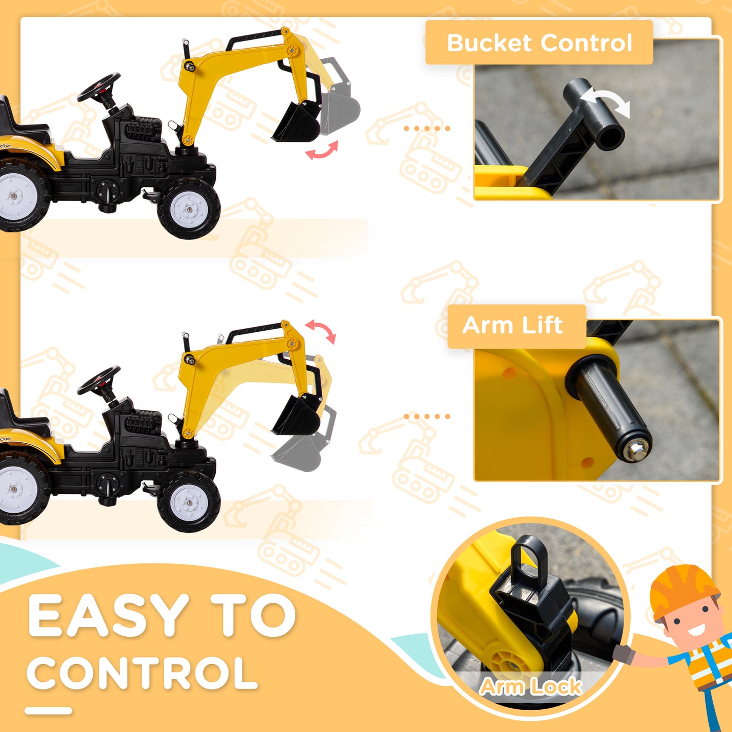 Aosom Ride on Tractor for Kids, Pedal Construction Car with Horn & Detachable Trailer for 3 Year Old, Yellow