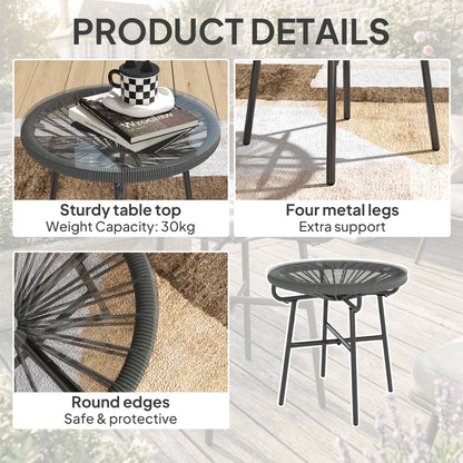 Rattan Side Table, Round Outdoor Table, with Round PE Rattan and Tempered Glass Table Top for Patio, Garden, Dark Grey