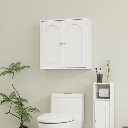 Medicine Cabinet, Modern Bathroom Wall Cabinet with 2 Arched Doors and Gold Handles, White Wood Grain