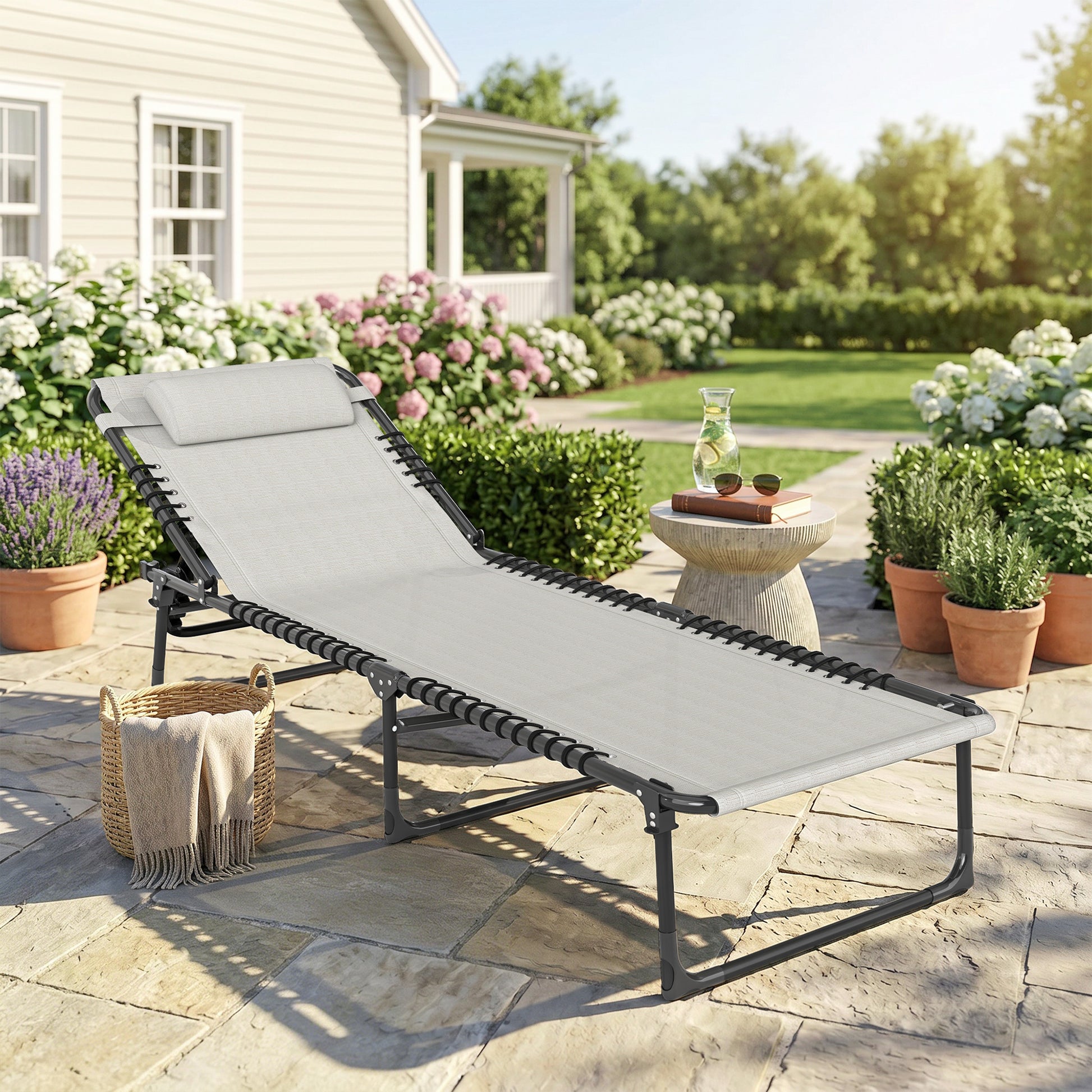 Outdoor Folding Lounge Chair, 4-Level Adjustable Chaise Lounge with Headrest, Tanning Chair Beach Bed, Reclining Lounger Cot for Camping, Hiking, Backyard, Cream
