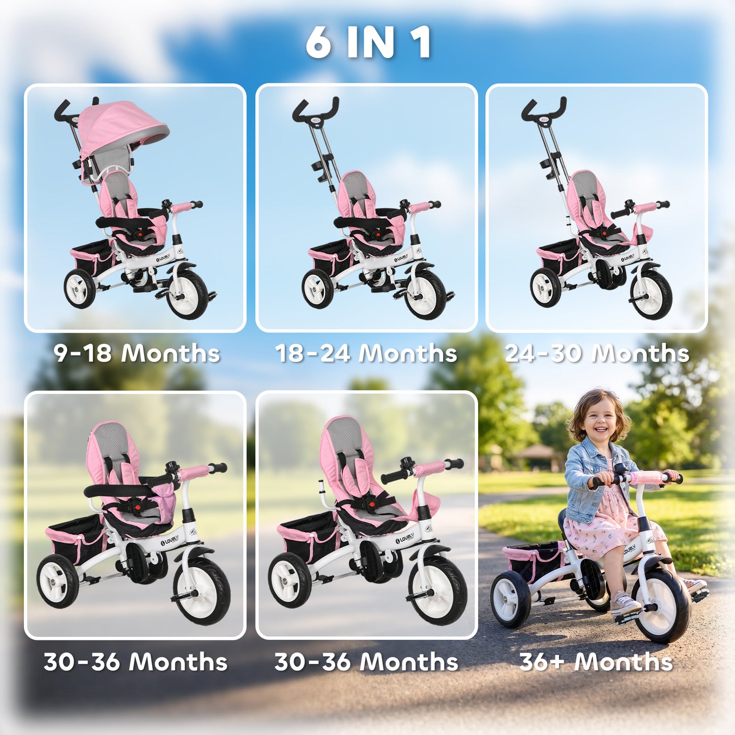 Qaba 6 in 1 Toddler Tricycle Stroller with Basket, Canopy, 5-point Safety Harness, for 12-60 Months, Pink
