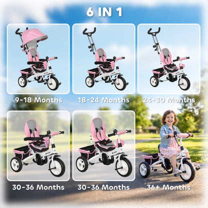 Qaba 6 in 1 Toddler Tricycle Stroller with Basket, Canopy, 5-point Safety Harness, for 12-60 Months, Pink