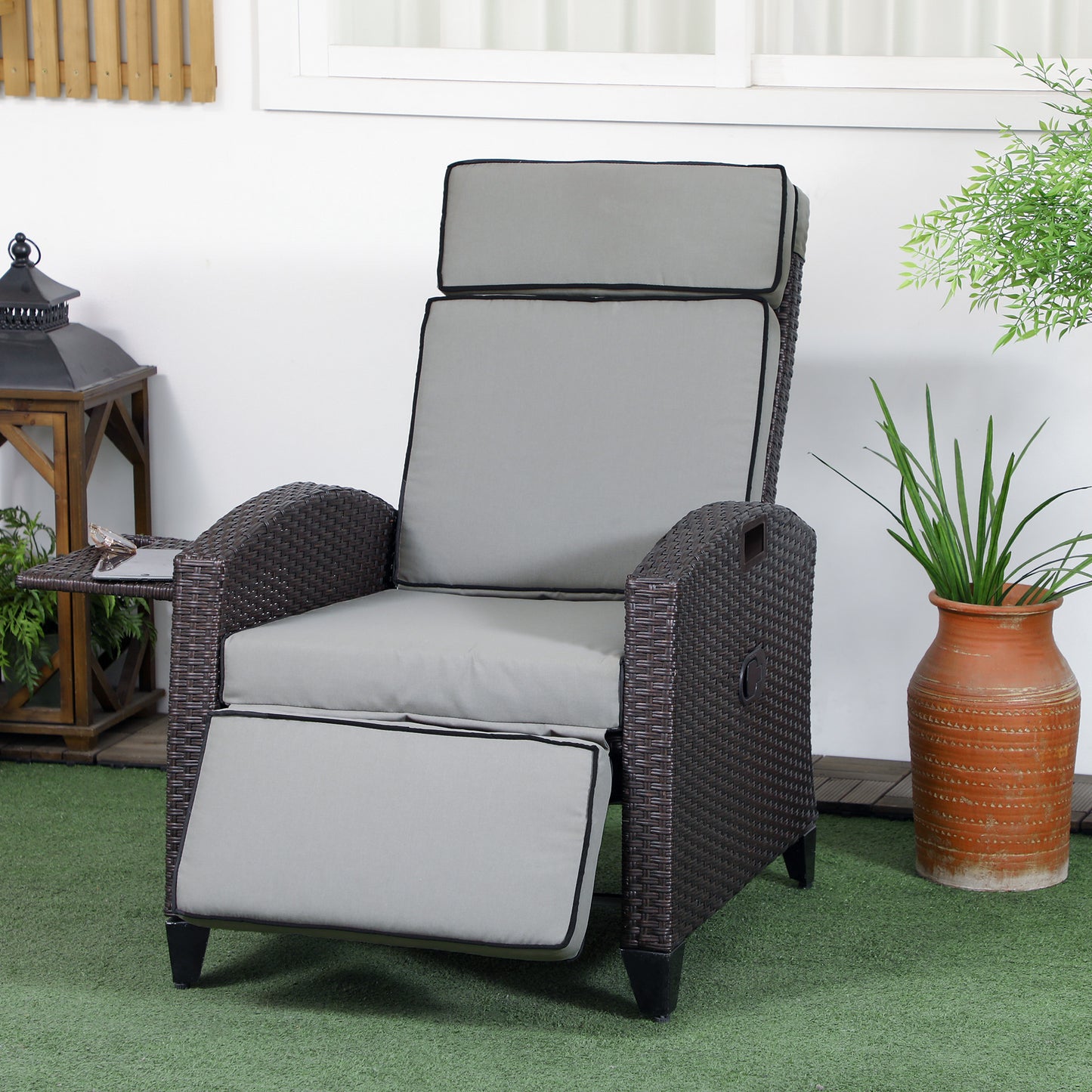 Wicker Recliner Chair with Adjustable Backrest and Footrest, Washable Cushion, Side Tray, Light Grey