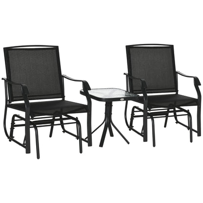 3 Piece Patio Glider Set Outdoor Gliders with Breathable Mesh Seat, Glass Top Table for Garden, Yard, Black