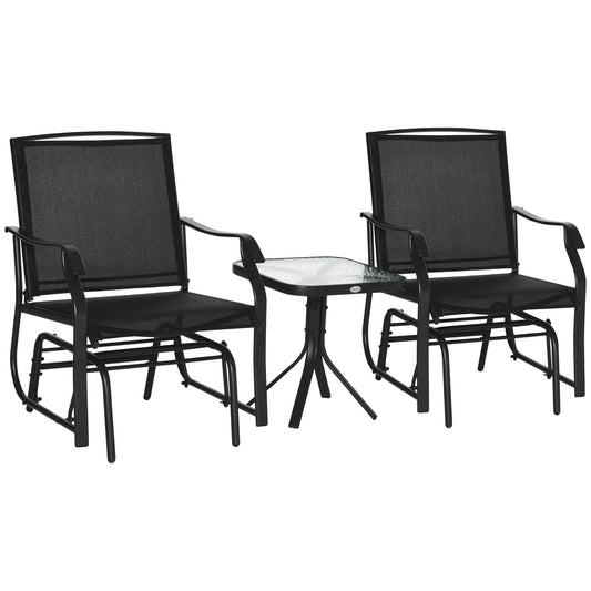 3 Piece Patio Glider Set Outdoor Gliders with Breathable Mesh Seat, Glass Top Table for Garden, Yard, Black