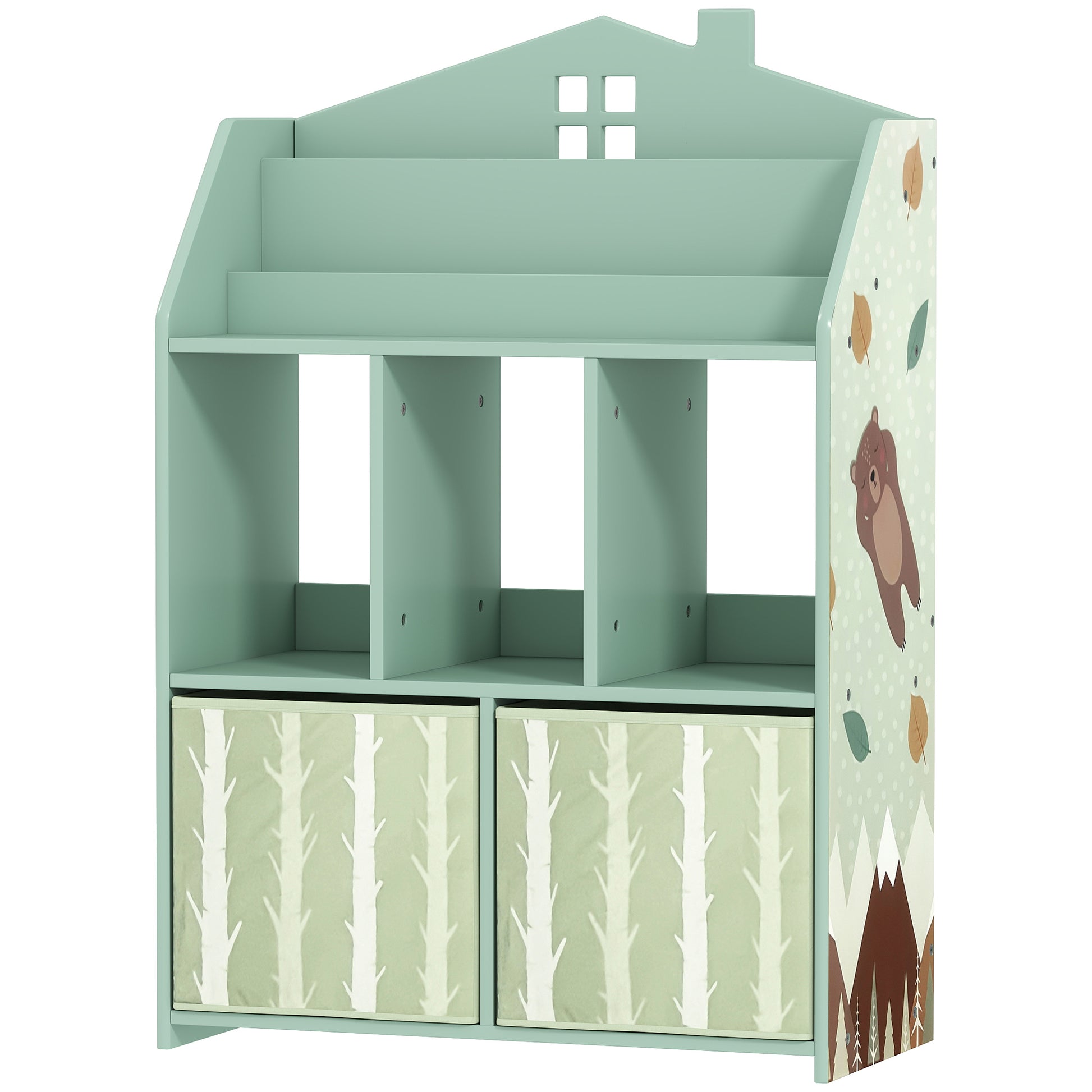Qaba Kids Bookshelf with Storage, Toy Storage Unit with Book Display, Shelves and Fabric Drawers for Playroom Nursery, Green