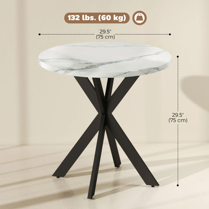 29" Dining Table, Contemporary Round Kitchen Table with Steel Legs, White Marble-Effect