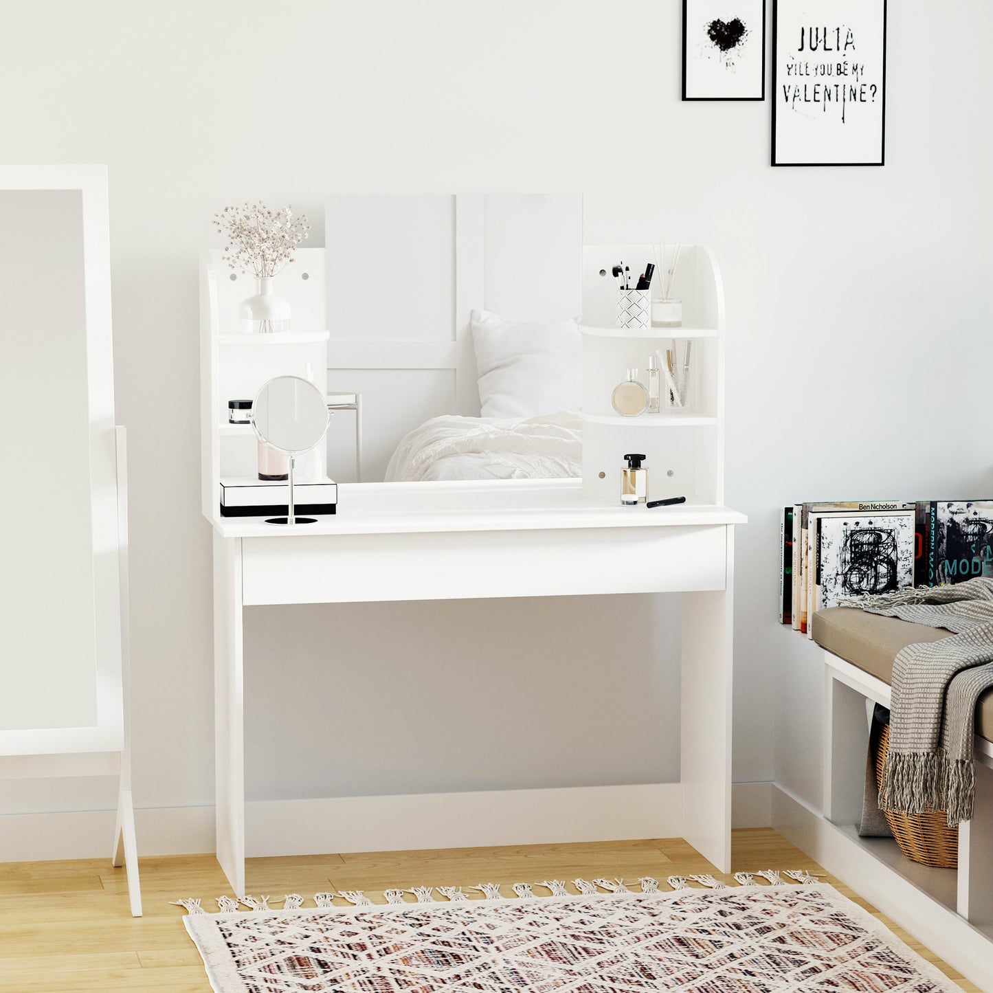 Vanity Desk with Mirror, Makeup Vanity with Open Shelves and Drawer, Dressing Table for Bedroom, White