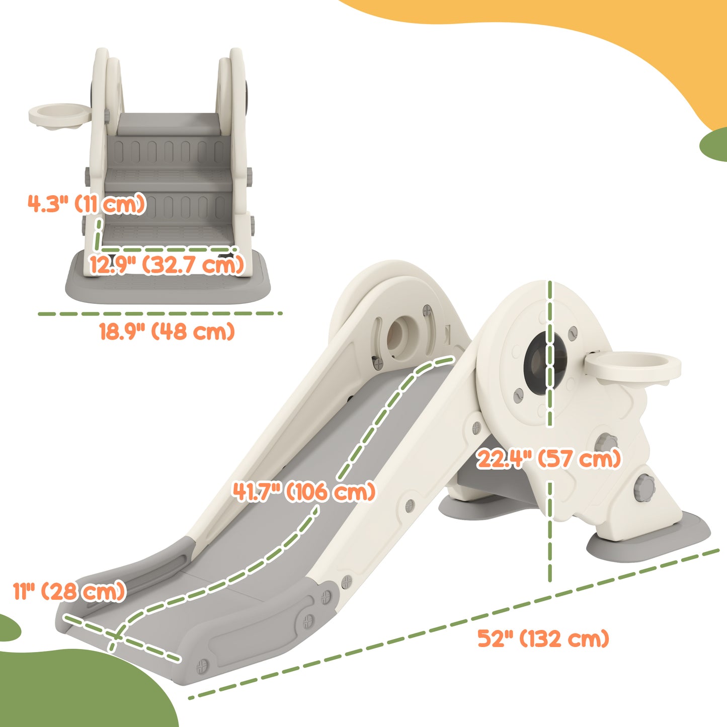 Qaba 3 in 1 Toddler Slide, Foldable Kids Slide with Basketball Hoop, Climber, Anti-Slide Step for Ages 2-5, Cream White