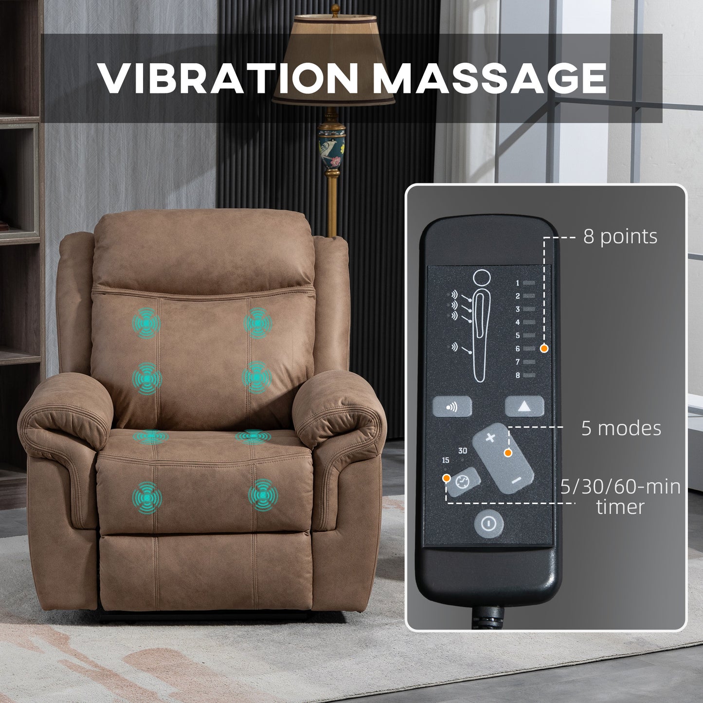 Manual Recliner Chair with Vibration Massage, Side Pockets, Microfibre Reclining Chair Nursing Chair for Living Room, Brown