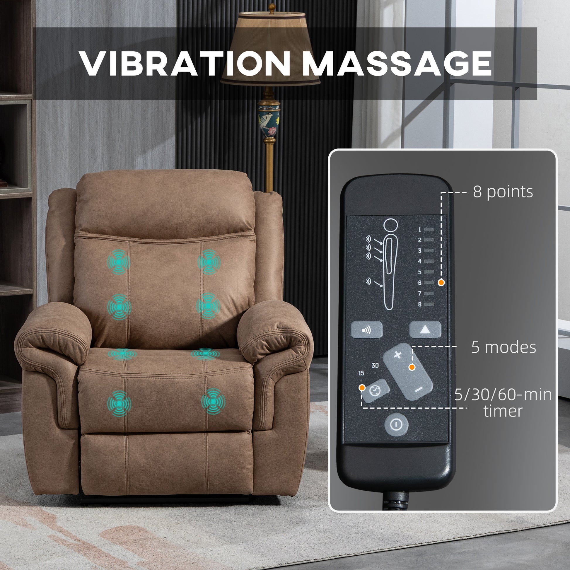 Manual Recliner Chair with Vibration Massage, Side Pockets, Microfibre Reclining Chair Nursing Chair for Living Room, Brown