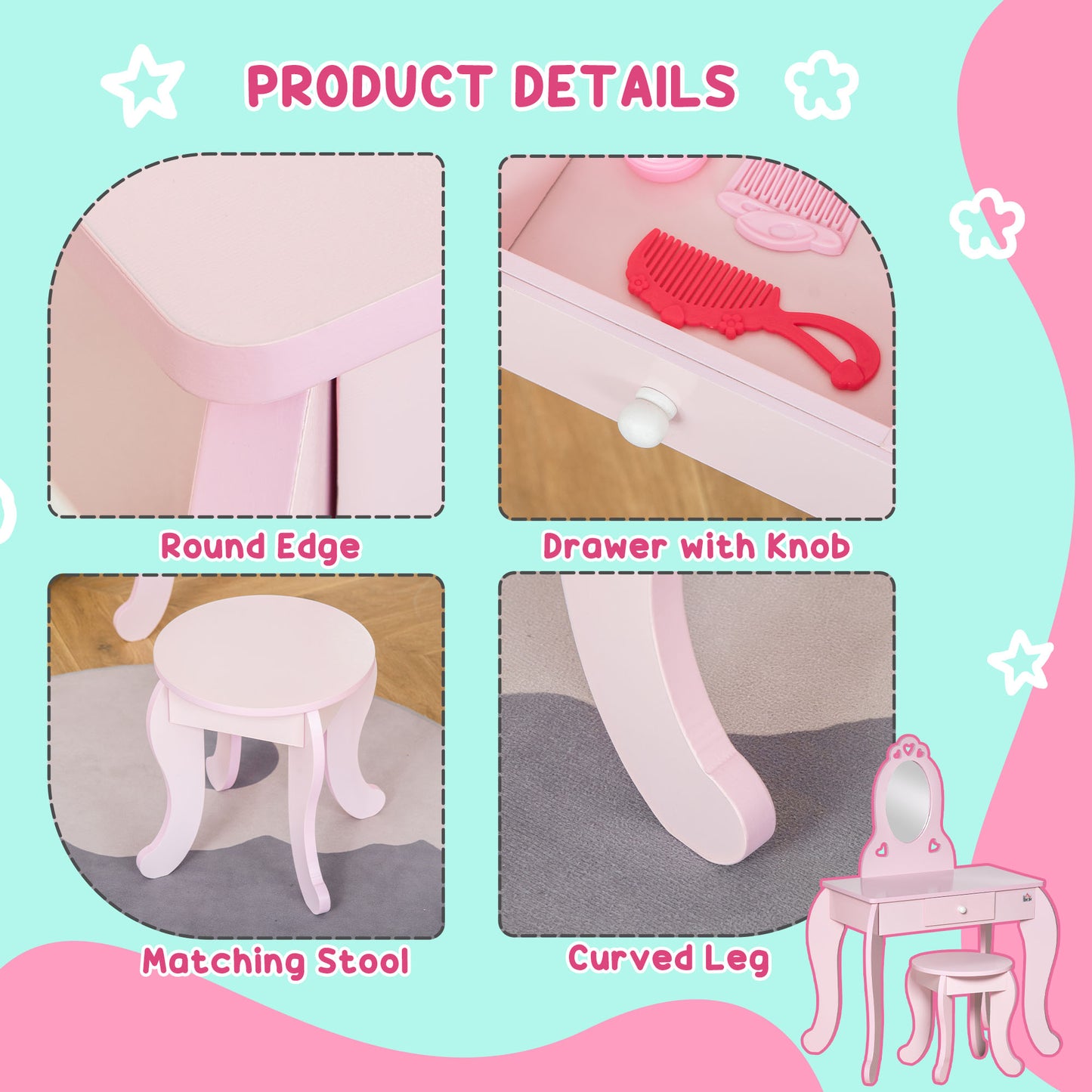 Qaba Kids Vanity Table Set with Mirror and Stool, Drawer, for 3-6 Years, Pink