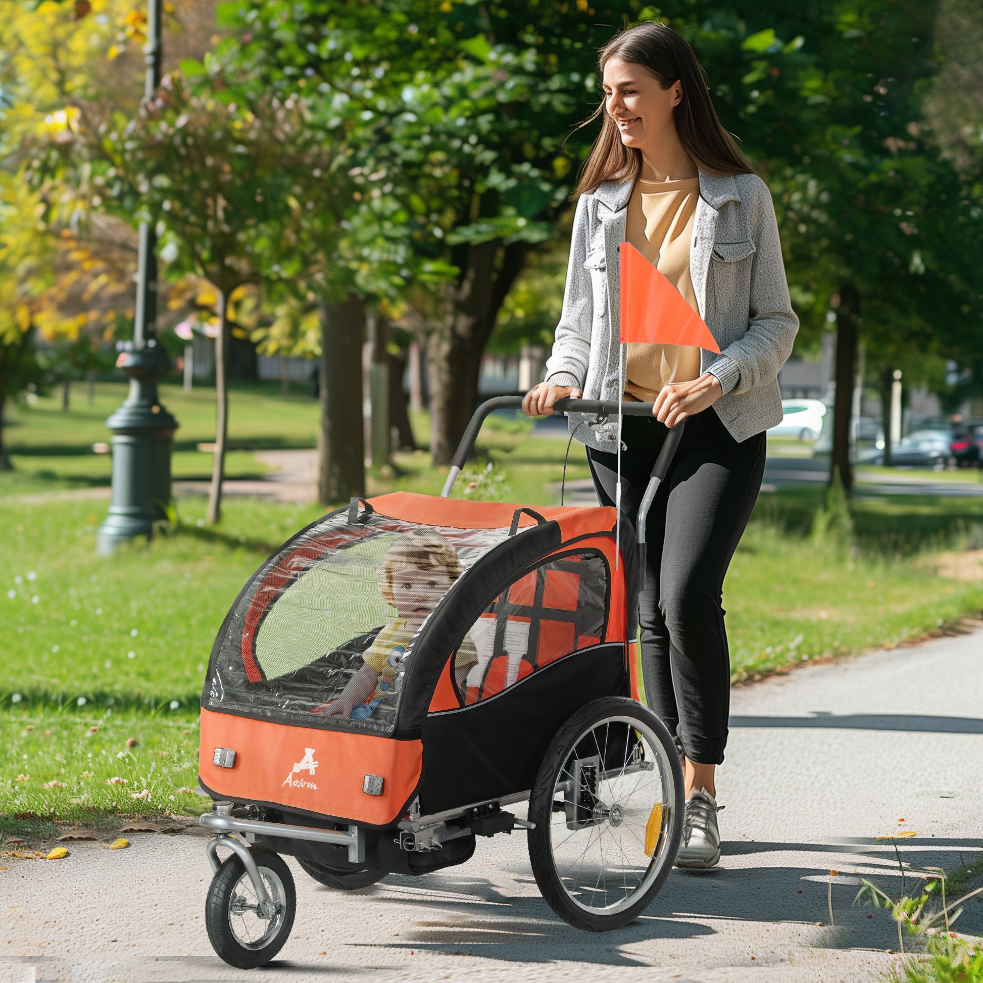 Aosom 2-in-1 Bike Trailer for Kids, Foldable 2-Seat Baby Stroller with 5-Point Harness, Rubber Wheels, Storage Bag, Orange
