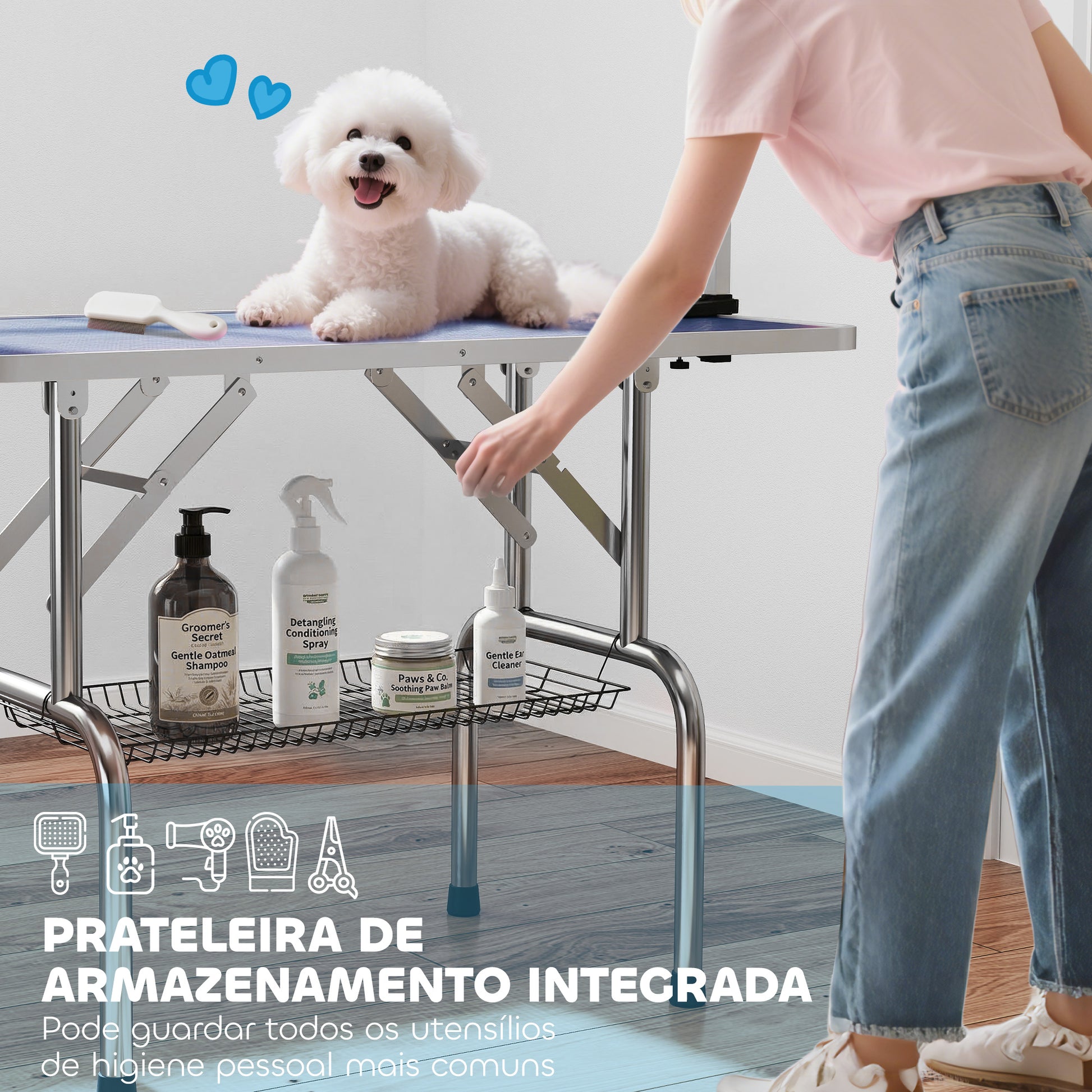 Adjustable Dog Grooming Table with 2 Safety Slings, Storage Basket, Blue