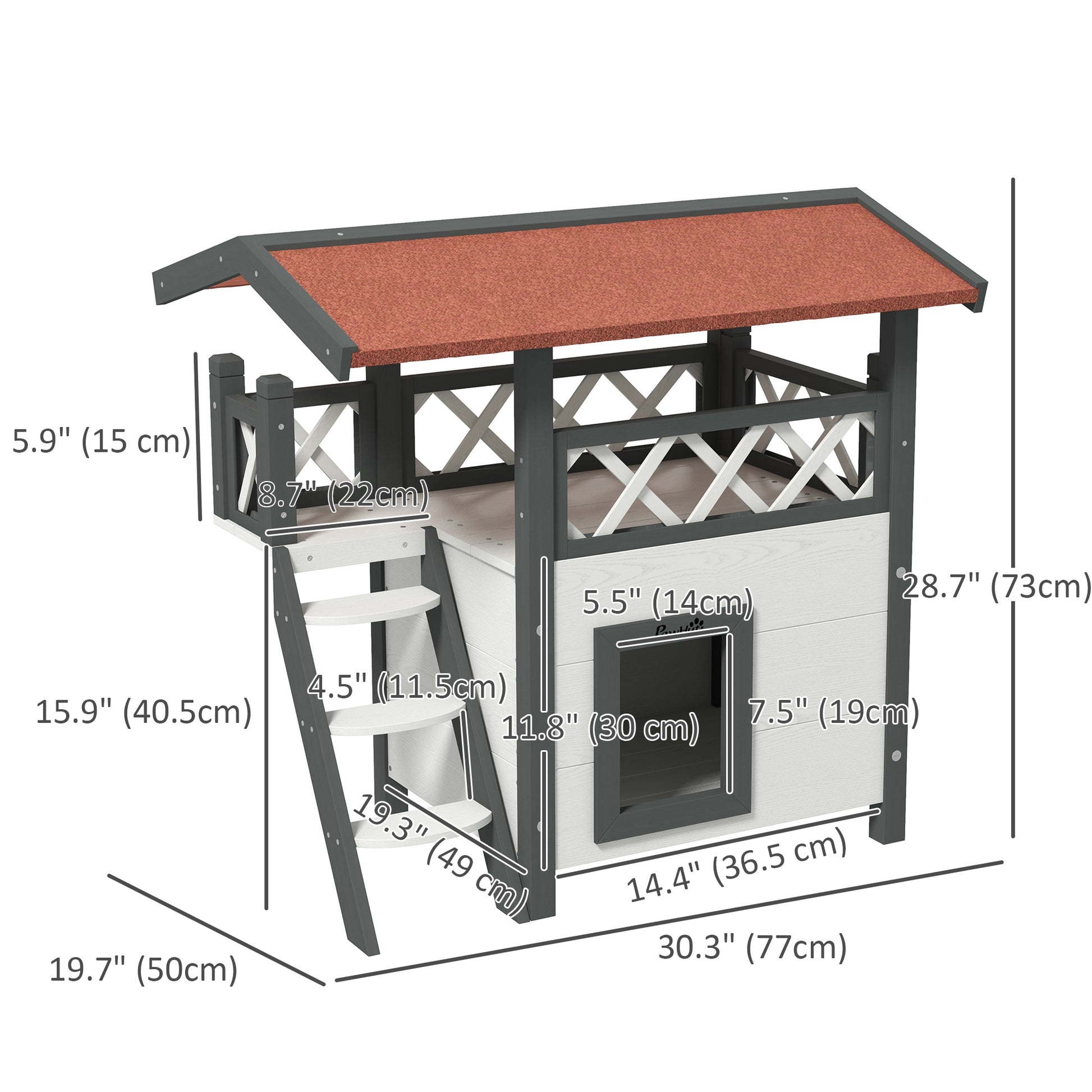 Wooden 2-Story Shelter for Feral Cats with Asphalt Roof, Stairs, Balcony, 30" x 20" x 29", White