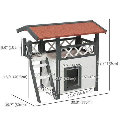 Wooden 2-Story Shelter for Feral Cats with Asphalt Roof, Stairs, Balcony, 30" x 20" x 29", White